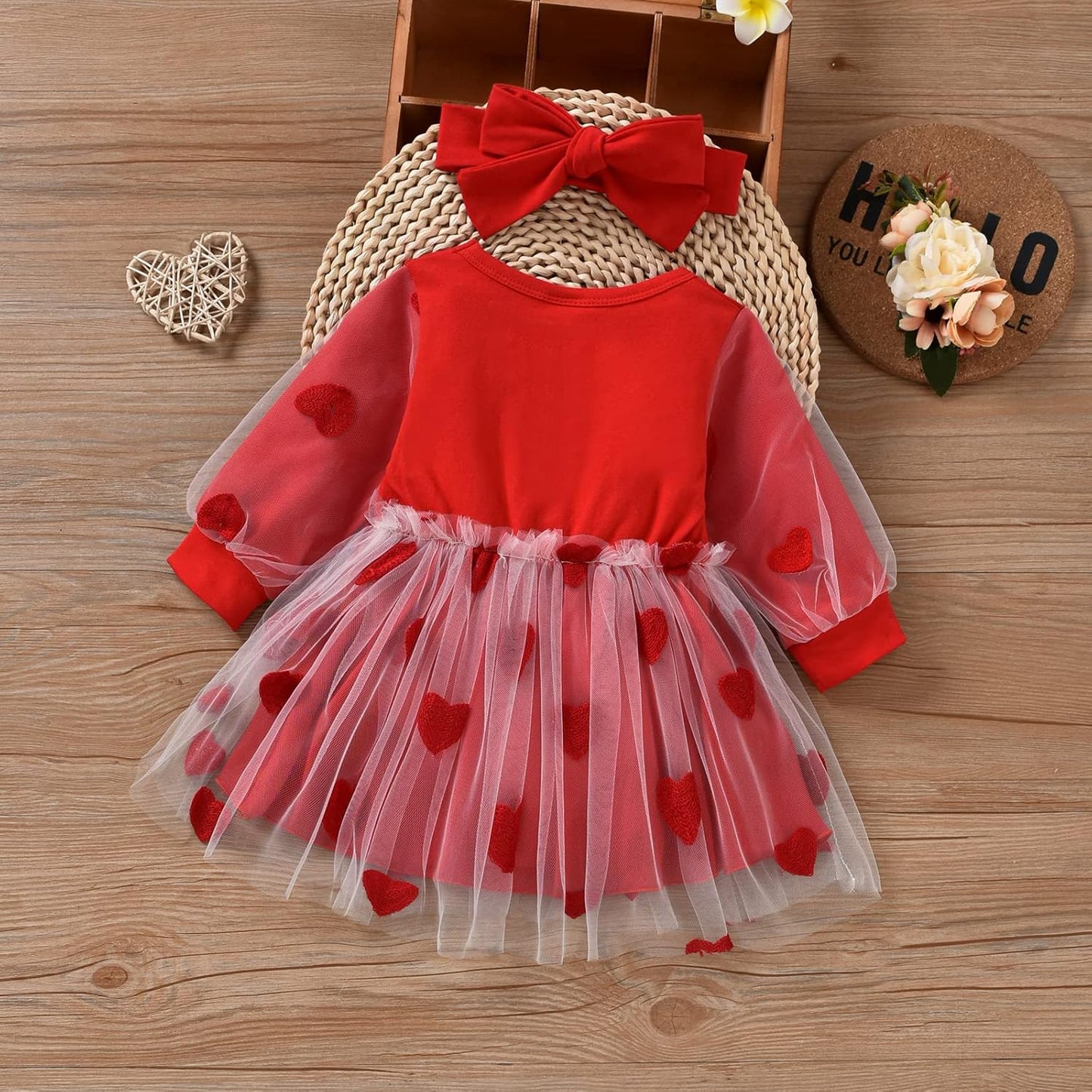 Baby Valentines Day Outfit Girl, Long Sleeve Tulle Tutu Dress Heart Design Sweatshirt Princess Dress Valentines Day Gift (B, 9-12 Months)