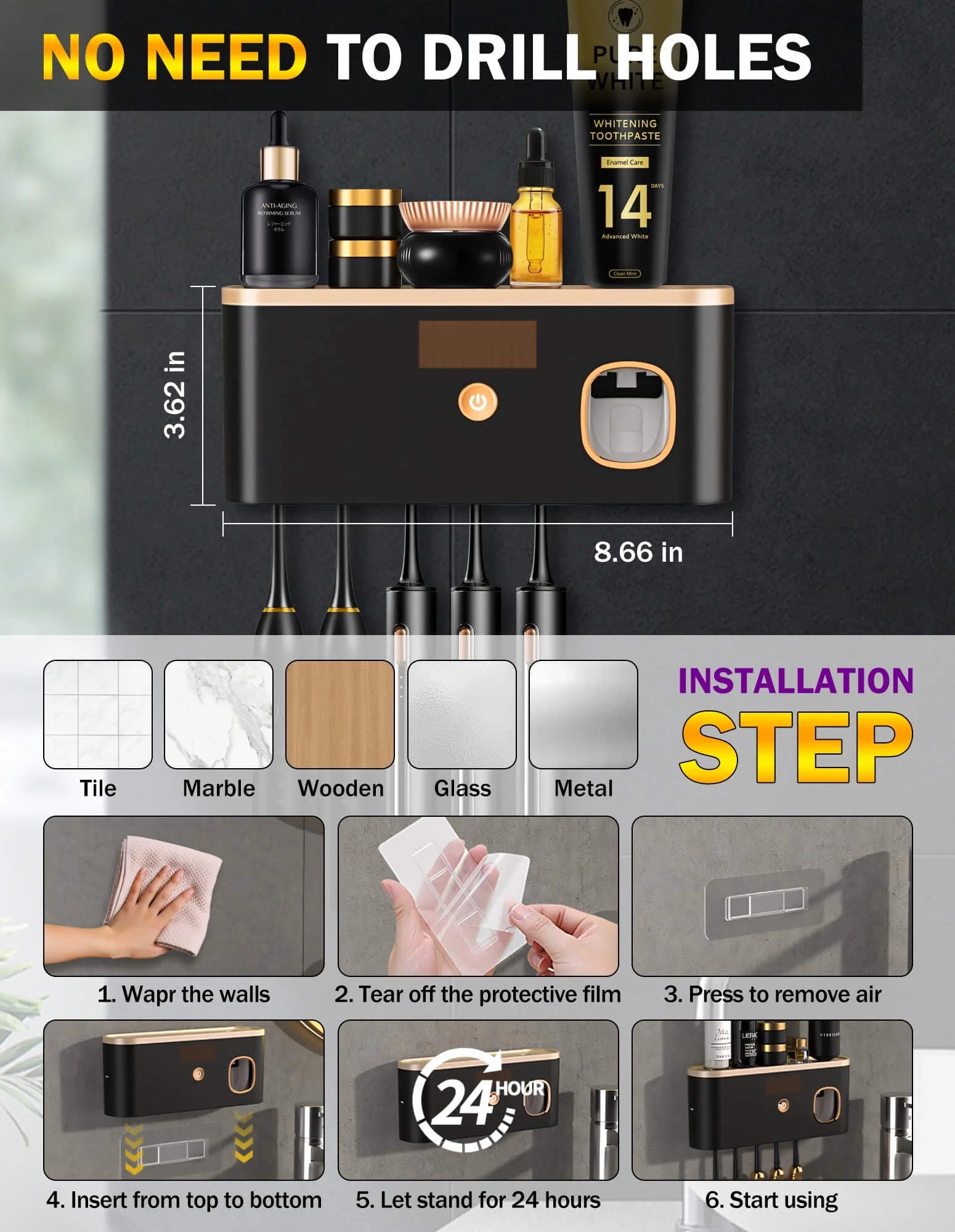 s for Bathrooms, UV Toothbrush Sanitizer Wall Mounted with Toothpaste Dispenser, Large Capacity Tray, Tooth Brushing Holder & Bathroom Accessories