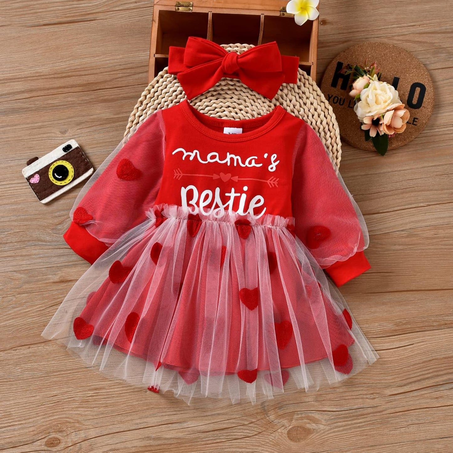 Baby Valentines Day Outfit Girl, Long Sleeve Tulle Tutu Dress Heart Design Sweatshirt Princess Dress Valentines Day Gift (B, 9-12 Months)