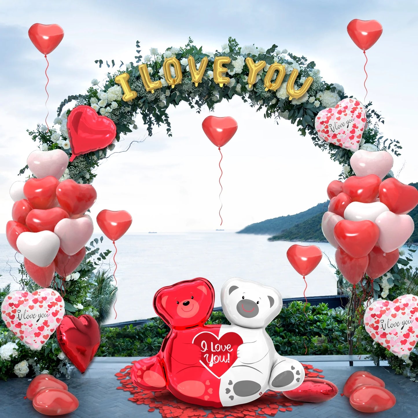 Valentines Day Balloons Kit - Heart Balloons Foil I Love You Balloons 500Pcs Rose Petals for Valentines Day Decorations