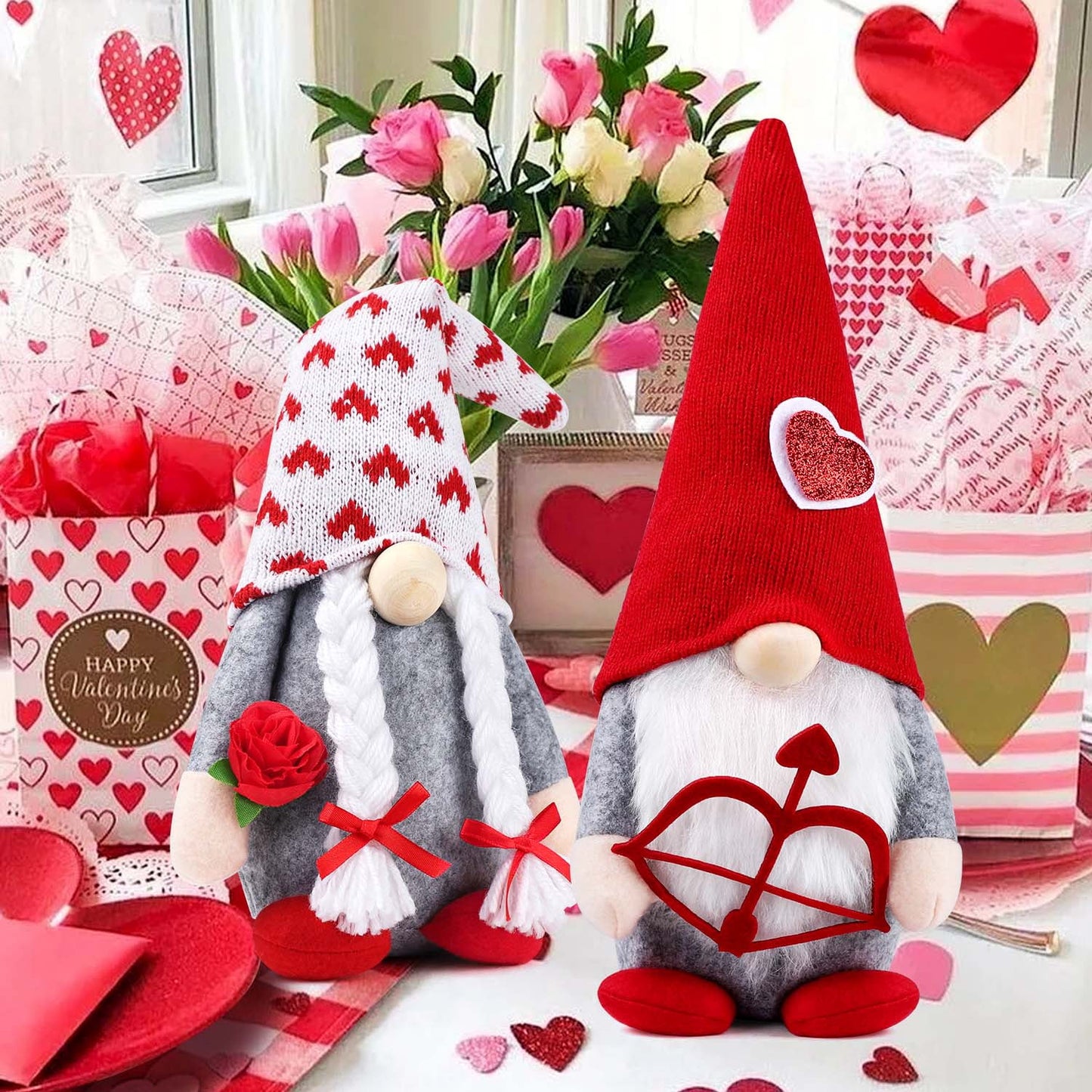 Valentines Day Decor 2Pcs Valentine Gnomes Plush Valentines Day Decoration Valentines Home Table Decor Scandinavian Tomte Elf Gnomes Ornaments Sweet Valentines Day Gifts for Him Her